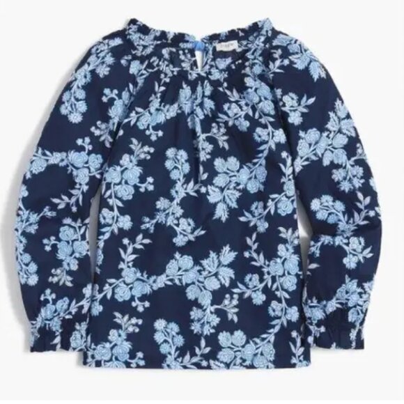 J. Crew Blue Floral Tie Back Ruffle Neck Preppy Old Money Cotton Top Size Medium - Picture 2 of 8